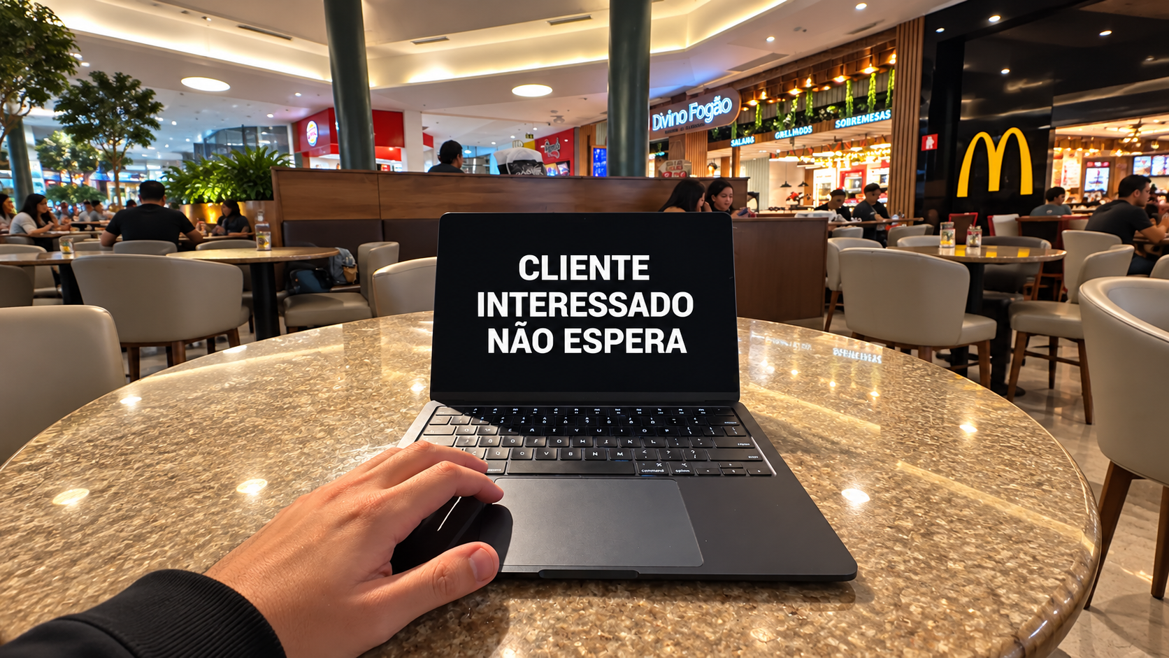 Notebook com a mensagem Cliente interessado não espera em uma praça de alimentação